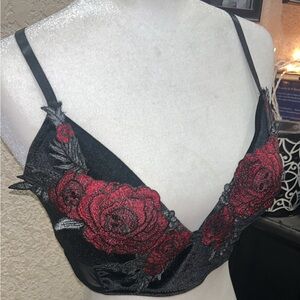 KILLSTAR Elegant Black and Red Floral Embroidered Bra